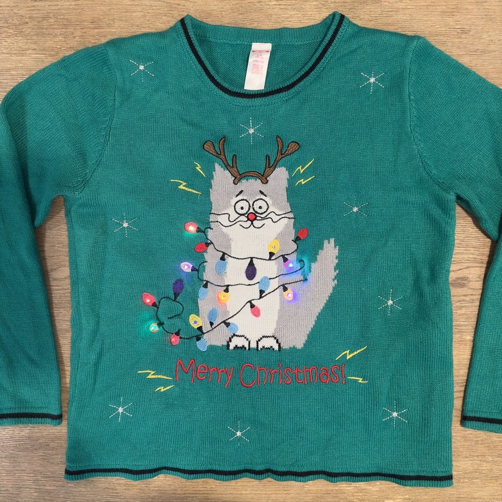 Holiday Time Cat Light Up Ugly Merry‎ Christmas Party Sweater-Size L-Green-Works - Picture 7 of 17
